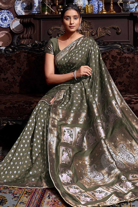 Dusty Green Banarasi Silk Weaving Designer Saree