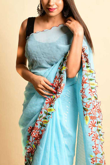 Sky Blue Georgette Sequins Embroidery Work Saree