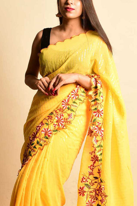 Yellow Georgette Sequins Embroidery Work Saree