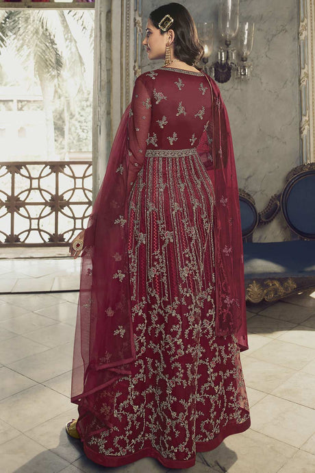 Maroon Butterfly Net Embroidery Work Gown