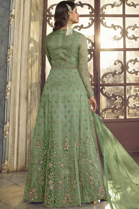 Green Butterfly Net Embroidery Work Gown