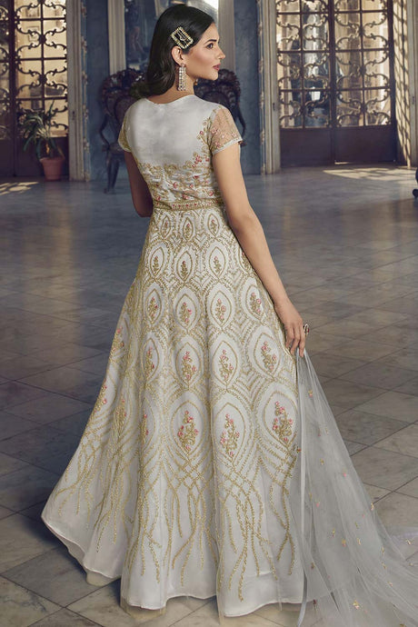 Grey Butterfly Net Embroidery Work Gown
