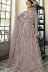 Pink Butterfly Net Embroidery Work Gown