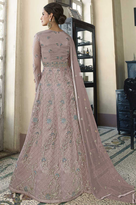 Pink Butterfly Net Embroidery Work Gown