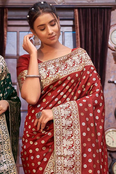 Rust Banarasi Silk Weaving Designer Saree