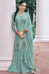 Sky Blue Faux Georgette Mirror And Embroidery Work Sharara Set