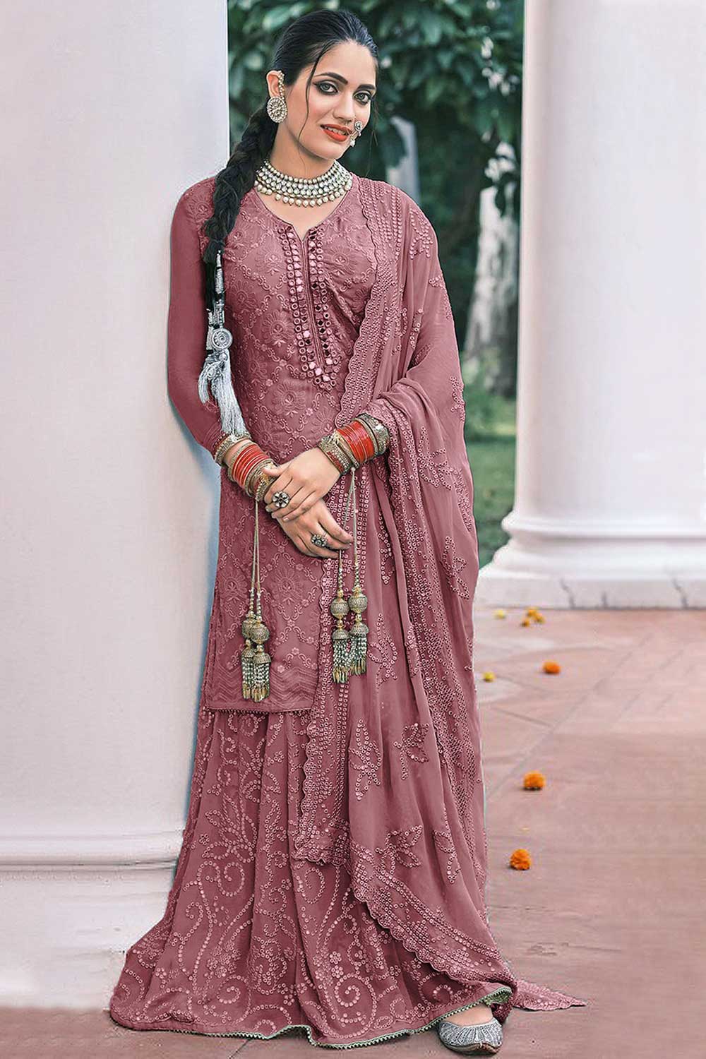 Pink Faux Georgette Mirror And Embroidery Work Sharara Set