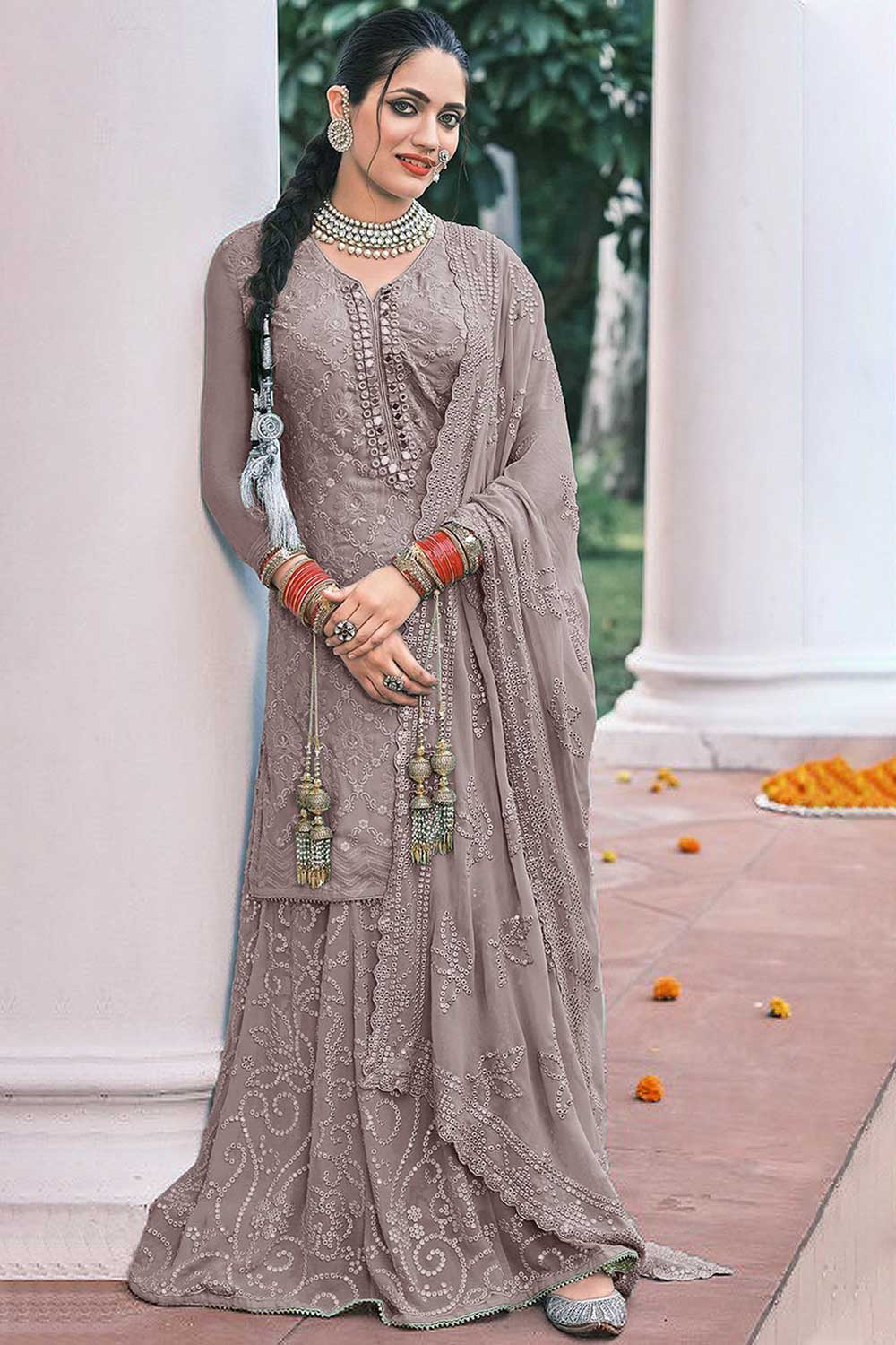 Grey Faux Georgette Mirror And Embroidery Work Sharara Set