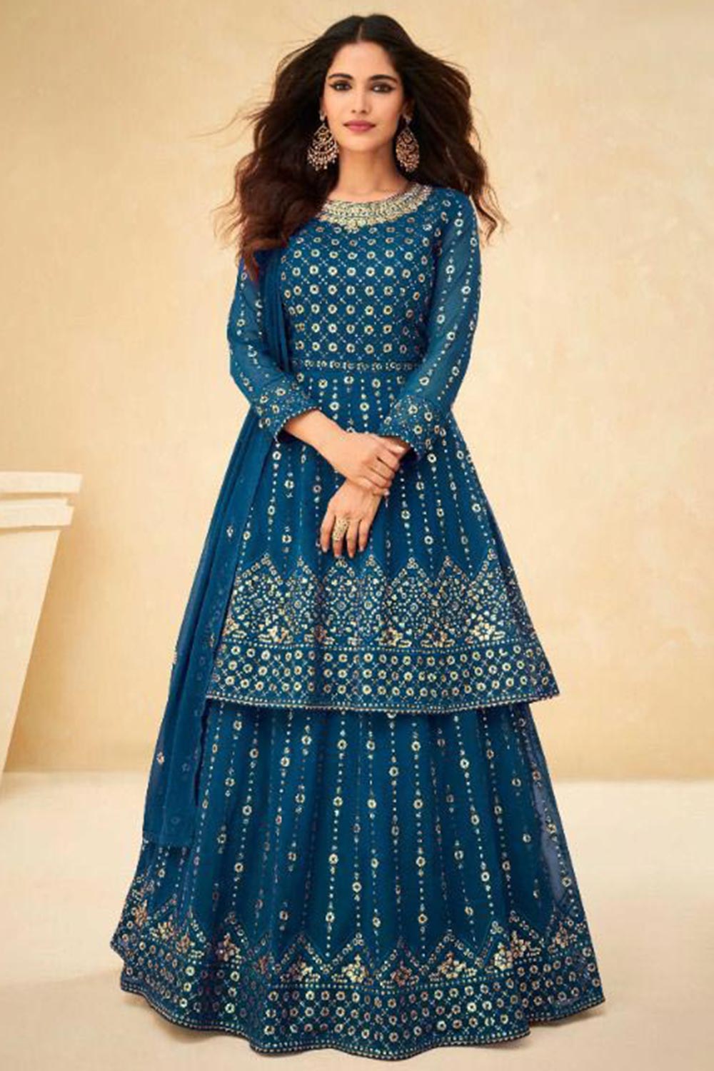 Firozi Georgette Mirror And Embroidery Work Sharara Set Dress Material