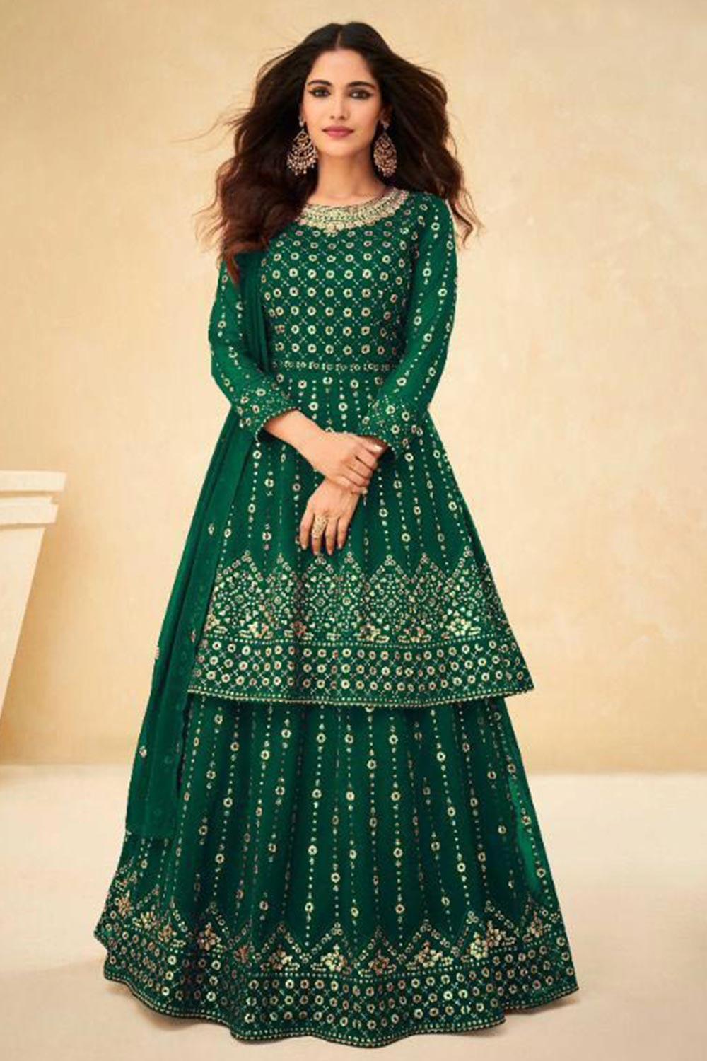 Green Georgette Mirror And Embroidery Work Sharara Set