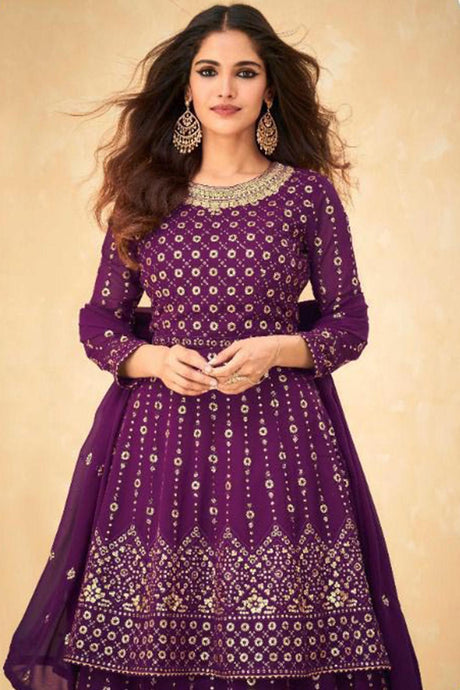 Wine Georgette Mirror And Embroidery Work Sharara Set Dress Material