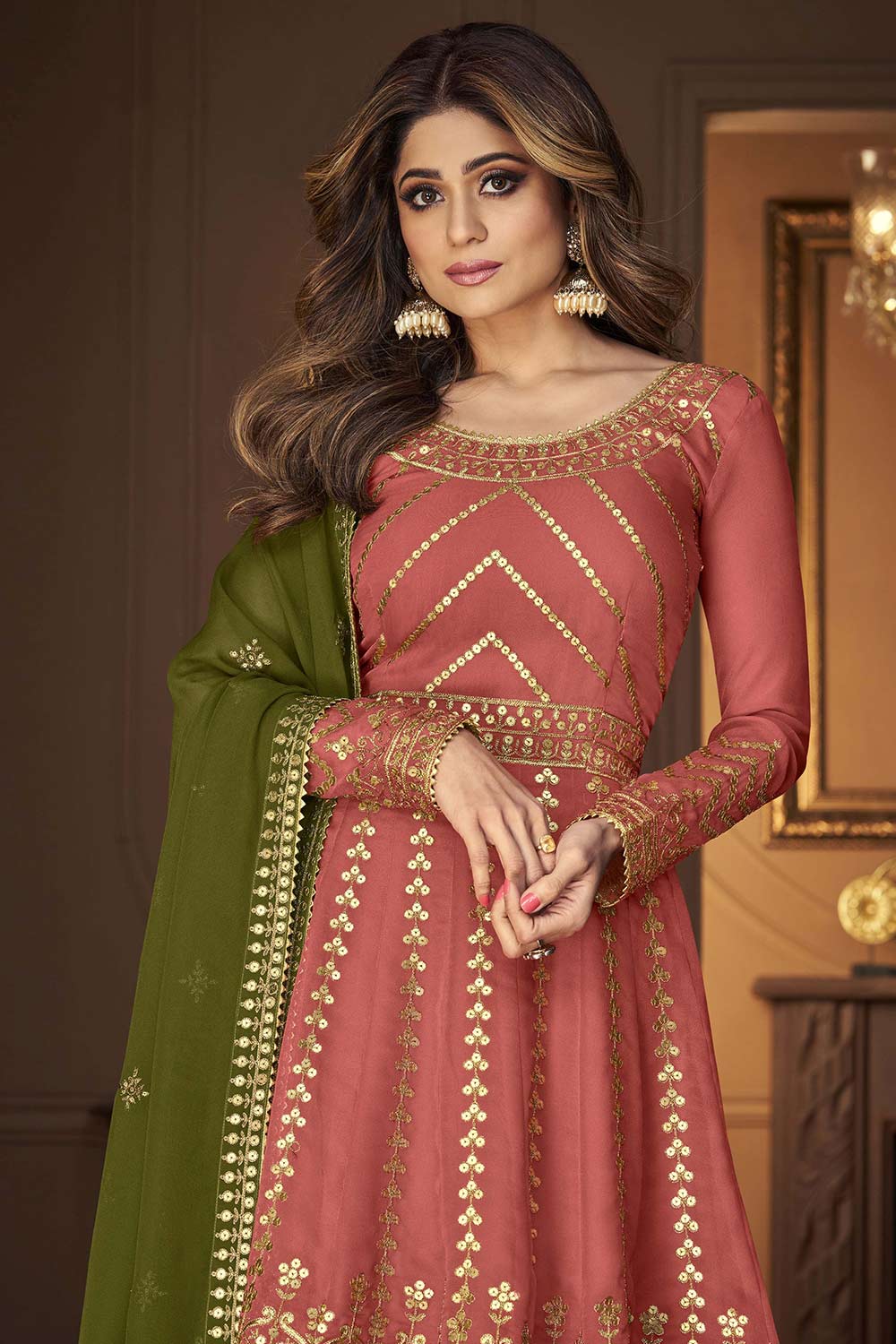 Peach Georgette Sequin Embroidery Work Sharara Set