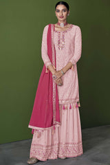 Pink Faux Georgette Mirror And Embroidery Work Sharara Set
