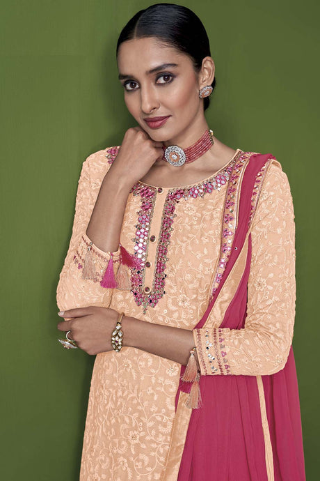 Peach Faux Georgette Mirror And Embroidery Work Sharara Set