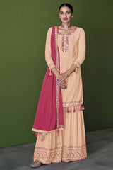 Peach Faux Georgette Mirror And Embroidery Work Sharara Set