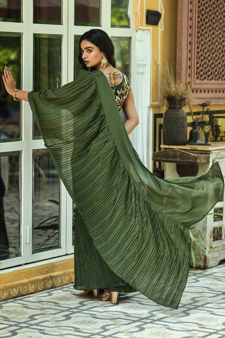 Green Georgette Crush Design with Embroidery Work Saree