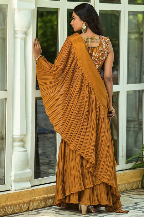 Mustard Georgette Crush Design With Embroidery Work Saree