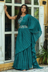 Teal Blue Georgette Crush Design With Embroidery Work Saree