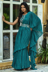 Teal Blue Georgette Crush Design With Embroidery Work Saree