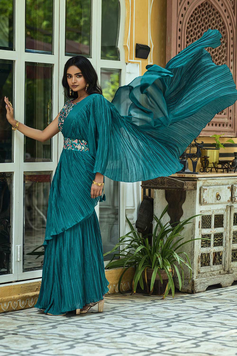 Teal Blue Georgette Crush Design With Embroidery Work Saree