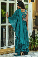 Teal Blue Georgette Crush Design With Embroidery Work Saree