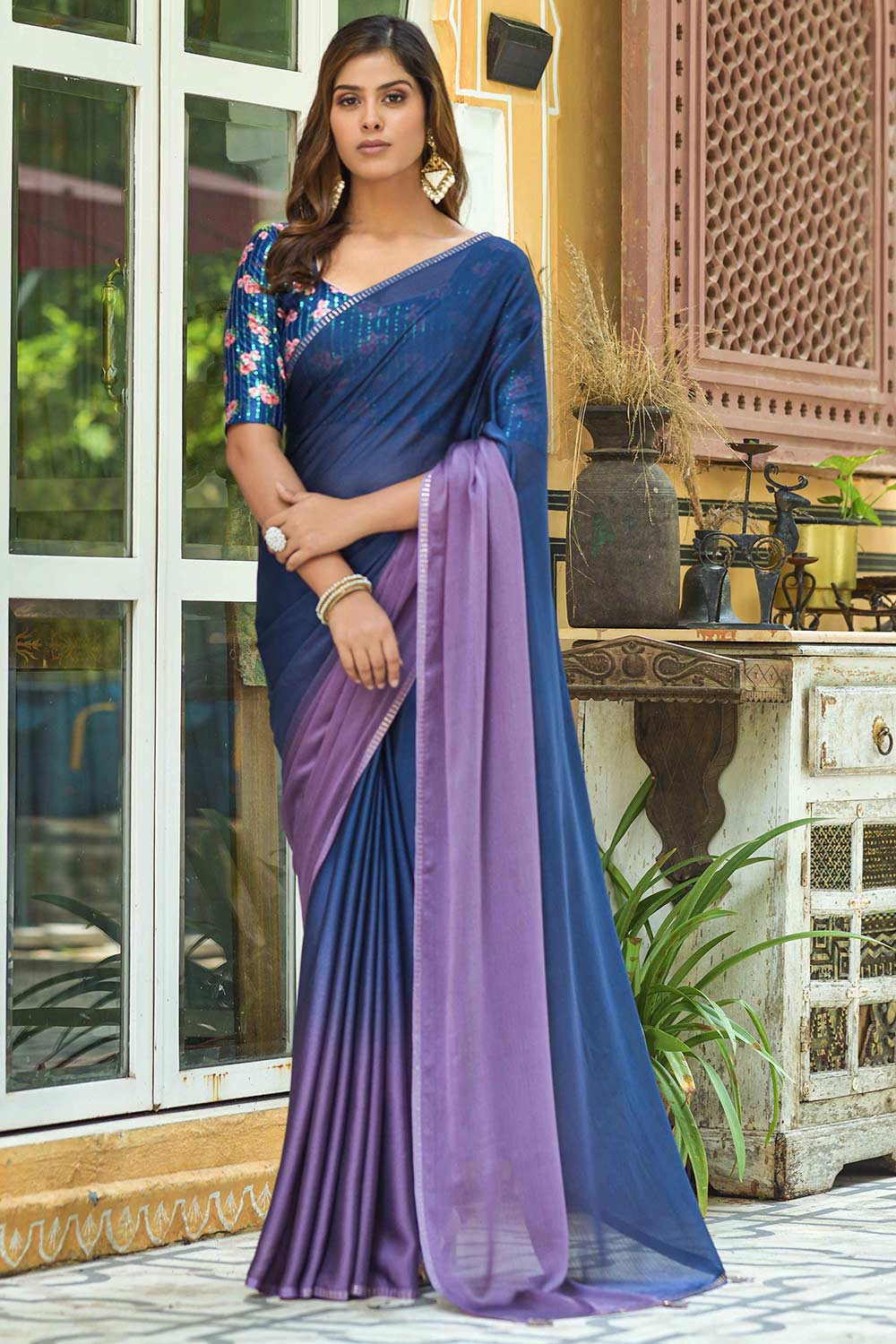 Teal Blue Chiffon Sequins Swarovski Embroidery Work Saree