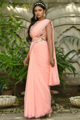 Peach Georgette Multi Thread And Sequins Embroidery Work Saree