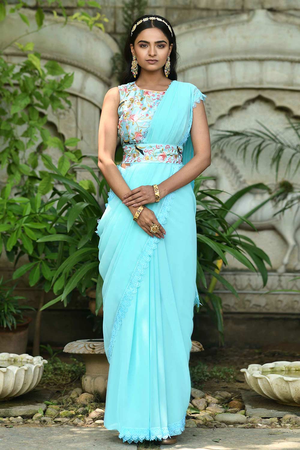 Sky Blue Georgette Multi Thread And Sequins Embroidery Work Saree