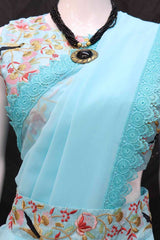 Sky Blue Georgette Multi Thread And Sequins Embroidery Work Saree