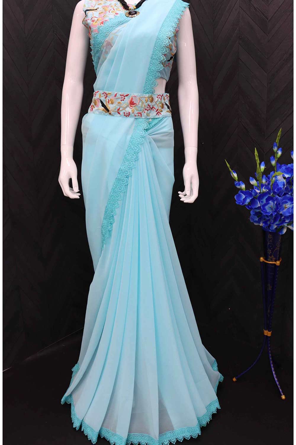 Sky Blue Georgette Multi Thread And Sequins Embroidery Work Saree