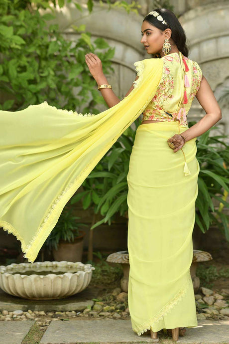 Yellow Georgette Multi Thread And Sequins Embroidery Work Saree