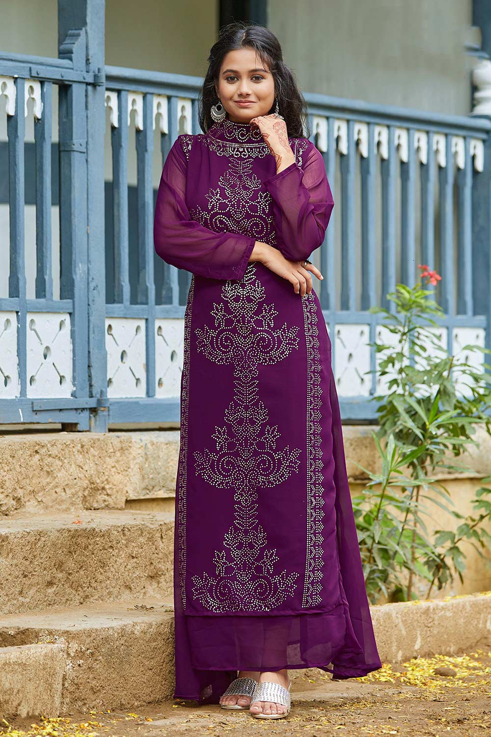 Purple Faux Georgette swarovski Work Gown