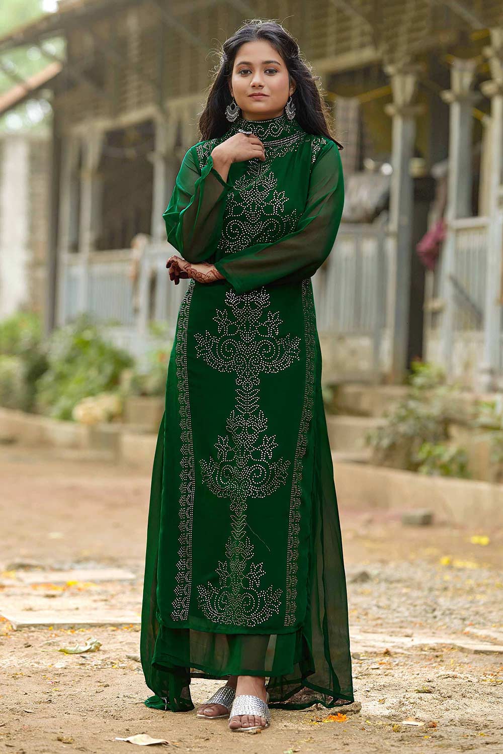 Green Faux Georgette swarovski Work Gown