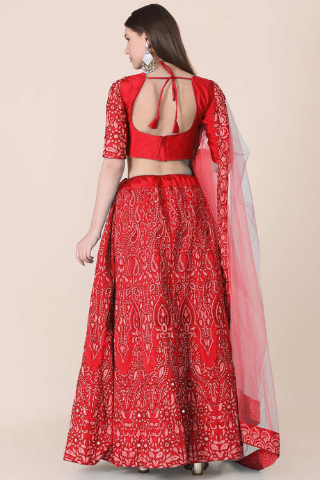 Red Taffeta Silk Thread Embroidery With Stone Work Lehenga Set