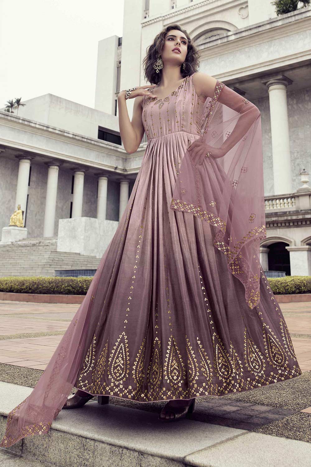 Dusty Pink Chinon Thread With Sequins Embroidery Work Gown