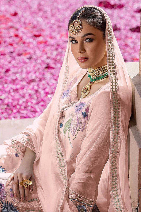 Peach Faux Georgette Embroidery Sharara Suit Set
