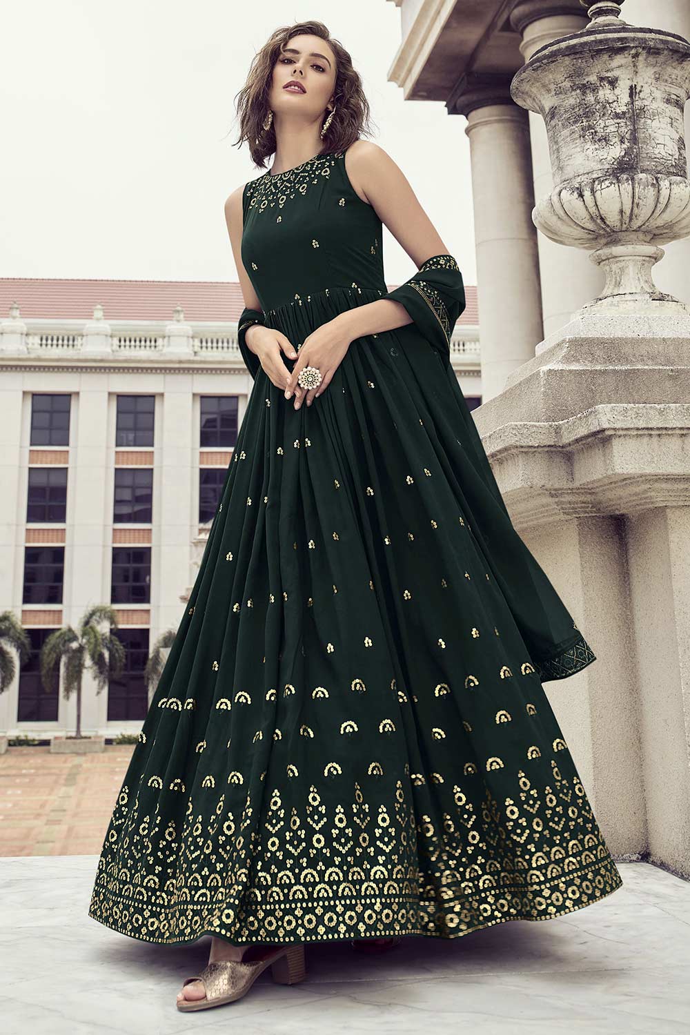 Green Georgette Thread Sequin Embroidery Gown