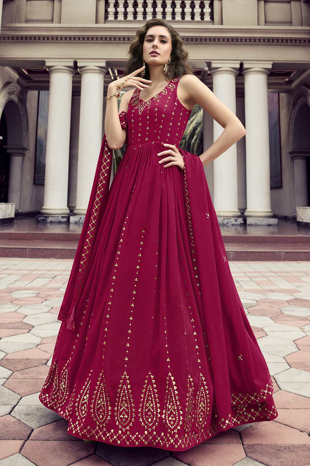 Pink Georgette Thread Sequin Embroidery Gown