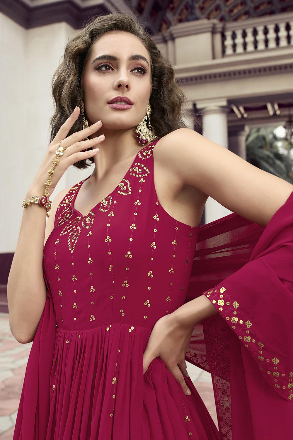 Pink Georgette Thread Sequin Embroidery Gown