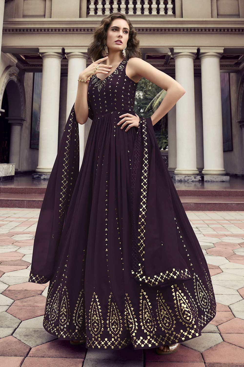 Purple Georgette Thread Sequin Embroidery Gown