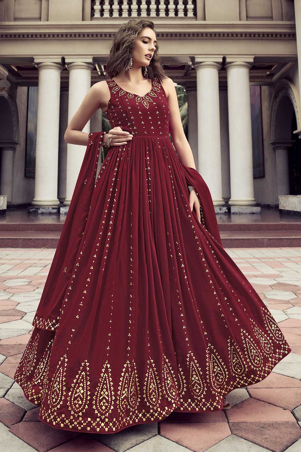 Maroon Georgette Thread Sequin Embroidery Gown