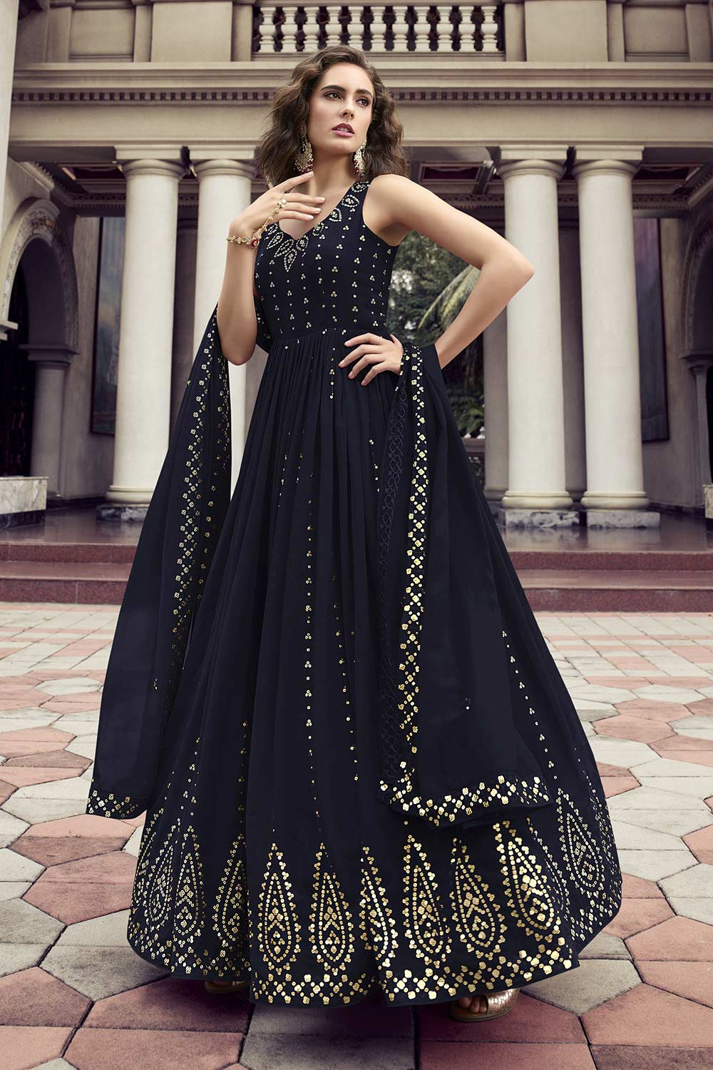Blue Georgette Thread Sequin Embroidery Gown