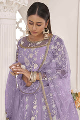 Lavender Butterfly Net Cotton Thread Sequin Embroidery Lehenga Set