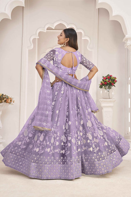 Lavender Butterfly Net Cotton Thread Sequin Embroidery Lehenga Set