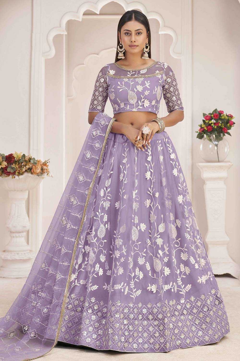 Lavender Butterfly Net Cotton Thread Sequin Embroidery Lehenga Set