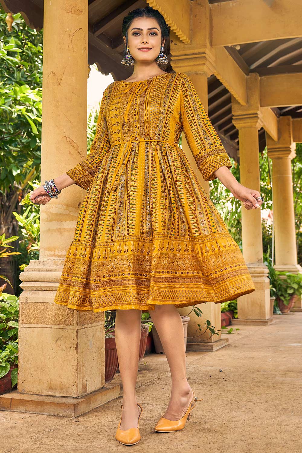 Yellow Rayon Design Printed Gown