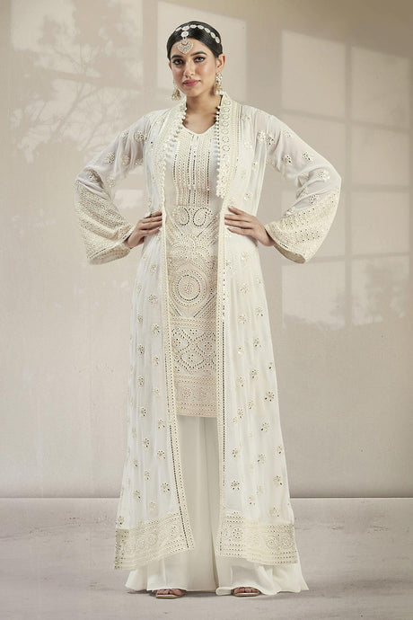 Malta White Georgette Sequin Embroidery Indo-Western Suit Set