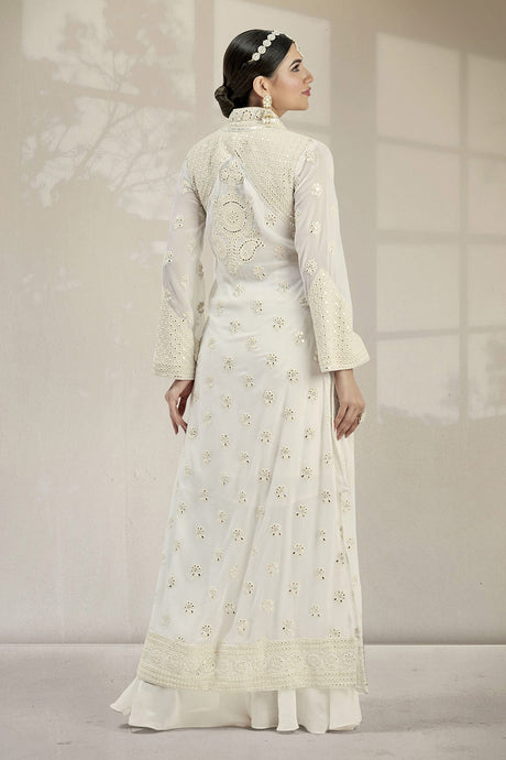 Malta White Georgette Sequin Embroidery Indo-Western Suit Set - Back