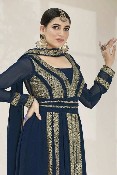 Blue Georgette Sequin Embroidery Indo-Western Suit Set - Zoom