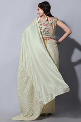 Cream Chinon Half Crush With Thread Sequin Embroidery Work Saree